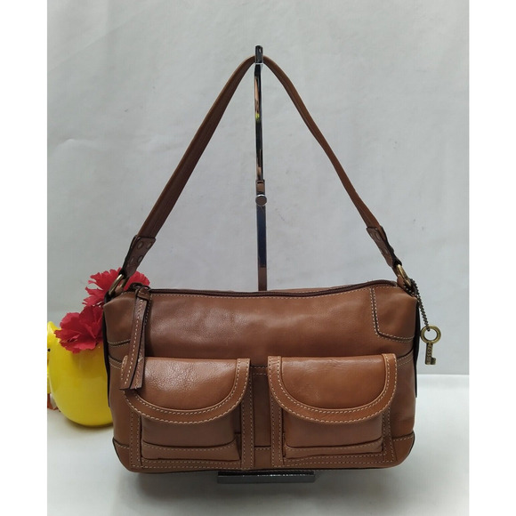 Fossil Brown Leather Front Pockets Zipper Closure Hobo Shoulder Bag - Picture 1 of 16